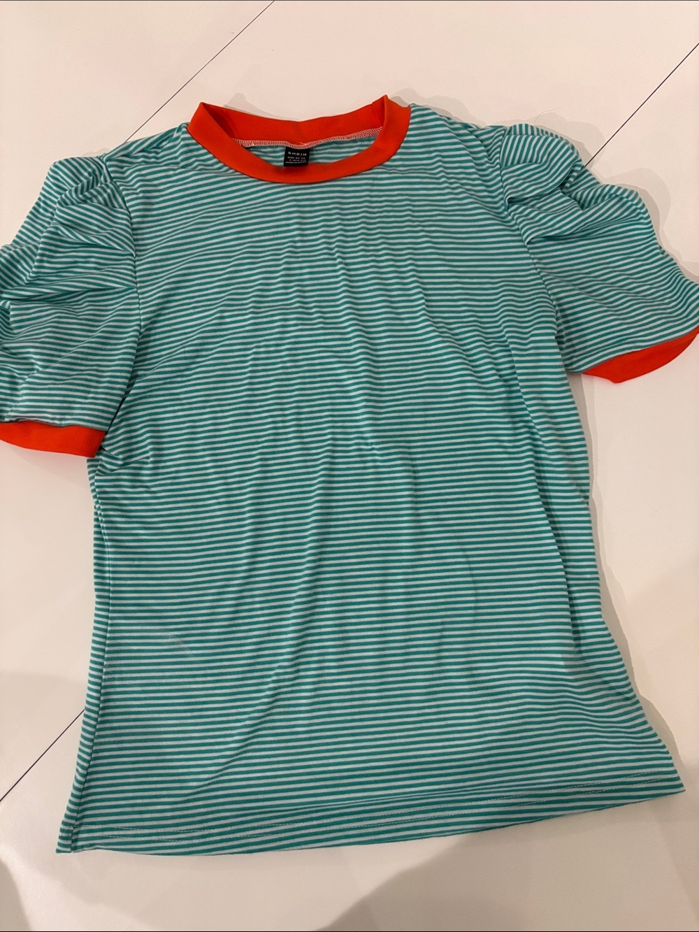SHEIN Teal & White Striped Puff-Sleeve Tee with Orange Trim